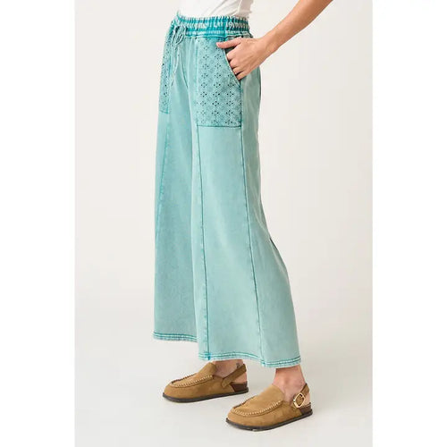 Eyelet Lace Pocket Mineral Wash Wide Leg Pants