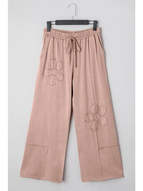 Floral Patch Mineral Wash Terry Knit Pants - 3 Colors Available