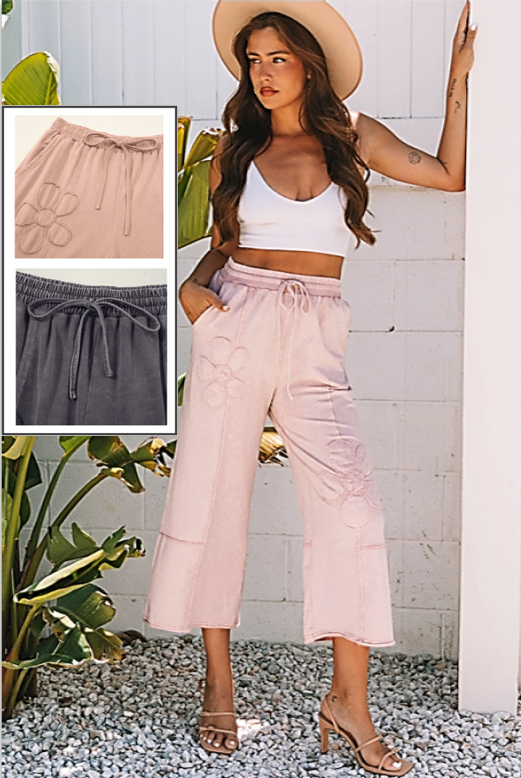 Floral Patch Mineral Wash Terry Knit Pants - 3 Colors Available