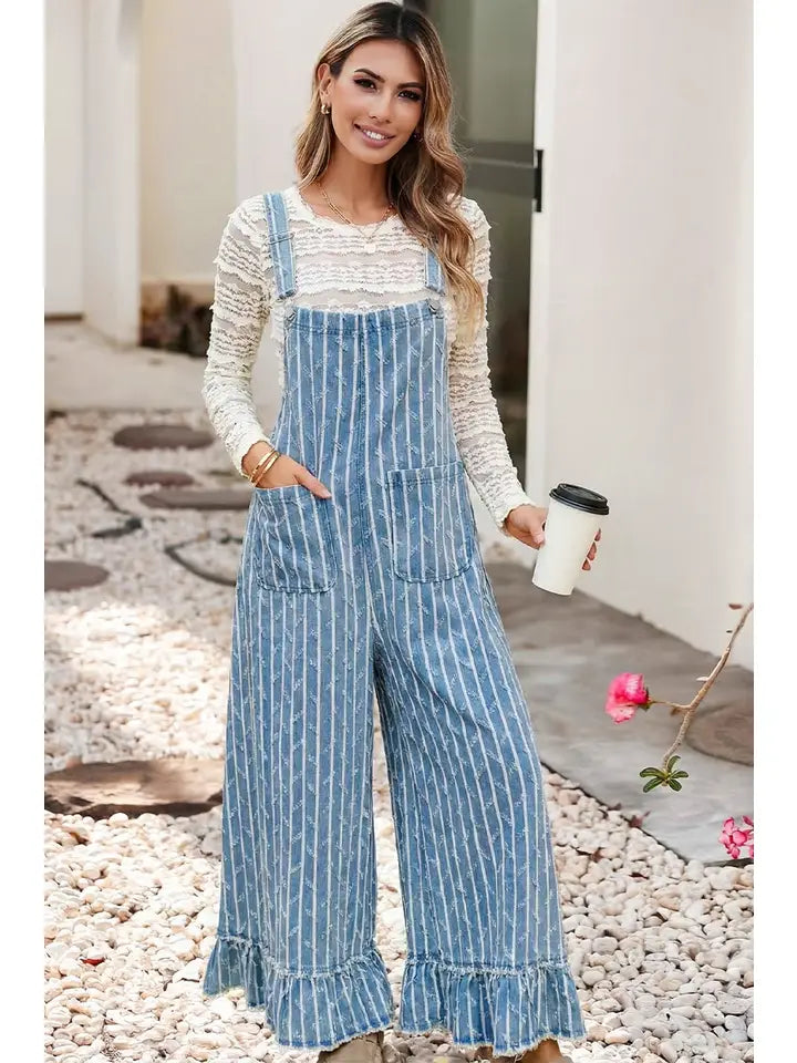 Ldc Striped Distressed Ruffled Wide Leg Denim Overalls