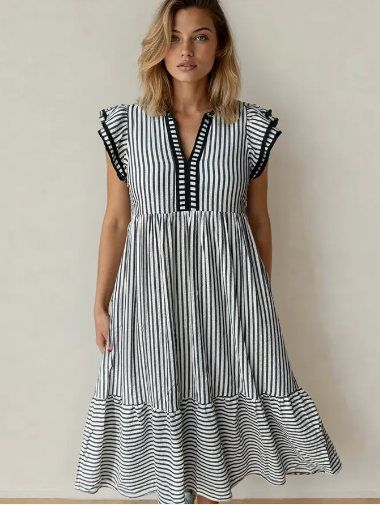 Nyla V Neck Dress-Black | Midi Dress | Ruffle Sleeve Dress